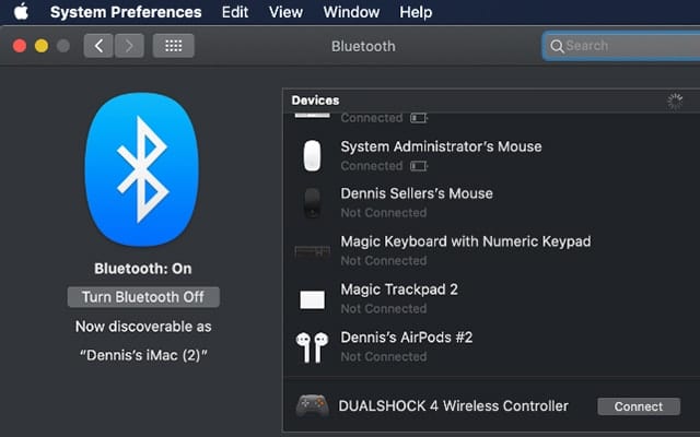 Screenshot of Bluetooth System Preferences in macOS