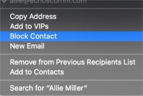 Screenshot of "Block Contact" menu item in macOS Catalina