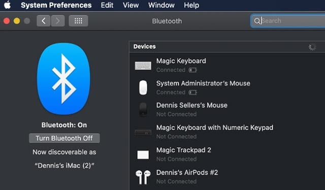 Screenshot of Bluetooth System Preferences in macOS