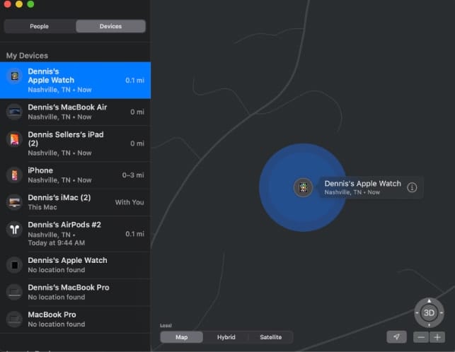 Screenshot of Find My App Device Location
