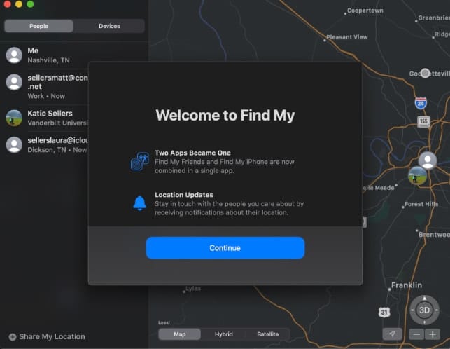 Screenshot of Find My App Welcome Screen