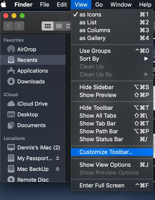 Scrrenshot of Mac Finder view menu with Customize Toolbar selected