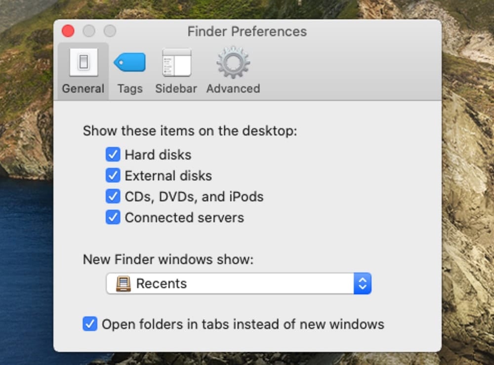 General tab for Finder Preferences.