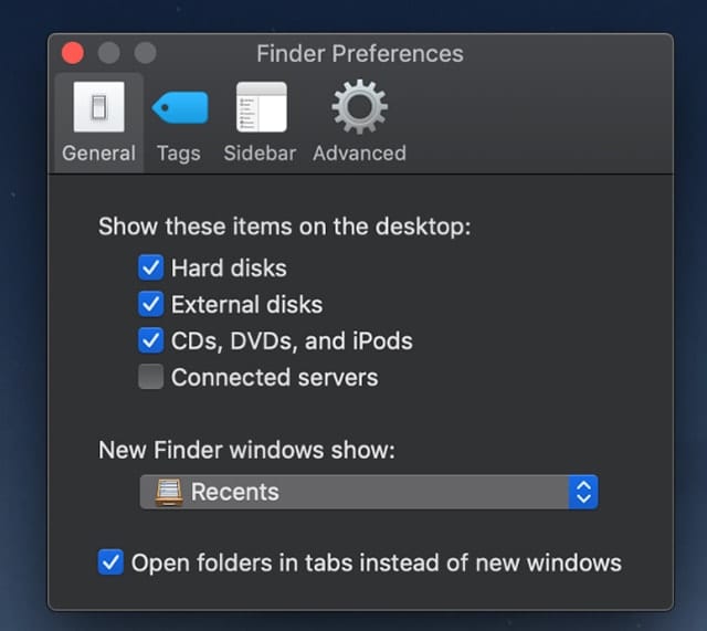 Screenshot of Mac Finder Preferences window