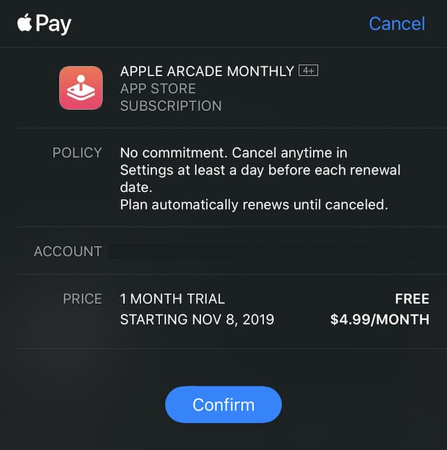 Click or Tap confirm to begin your one-month free trial of Apple Arcade