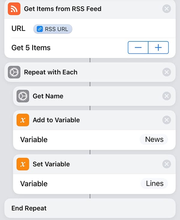 The loop in the shortcut accumulates the text of 5 headlines from the RSS feed