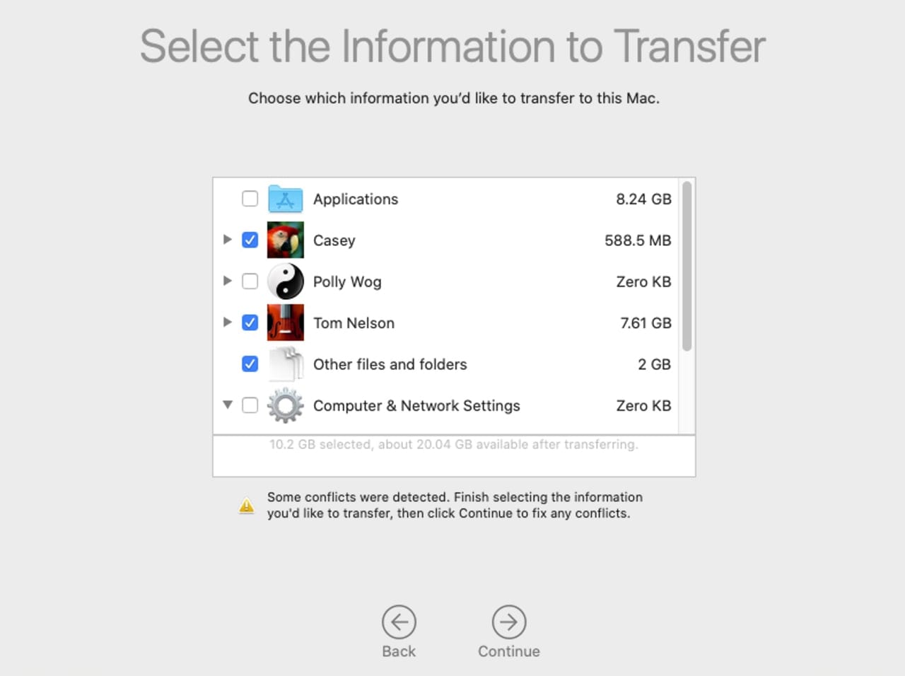 Select the information you wish to transfer using Migration Assistant.