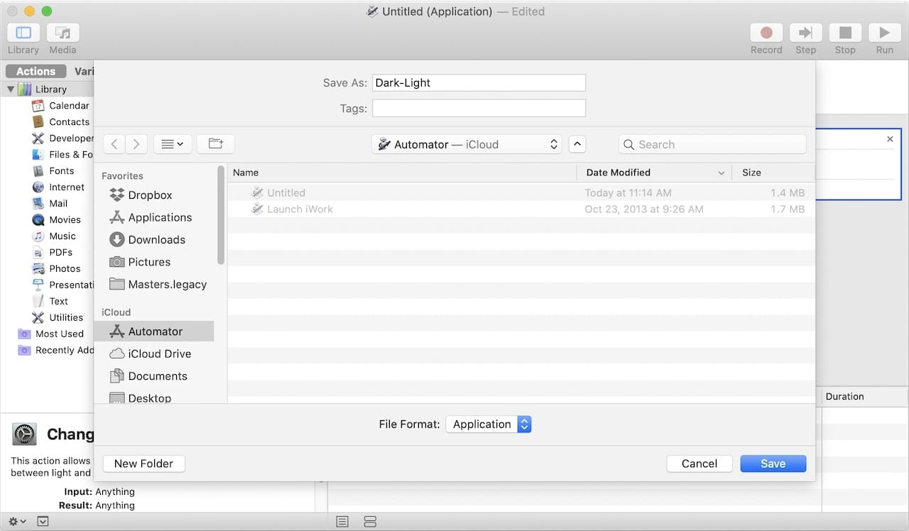 The Automator application is being saved in the Automator folder in iCloud as "Dark-Light"