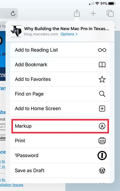 Screenshot of Safari share menu with Markup highlighted in iPadOS 13