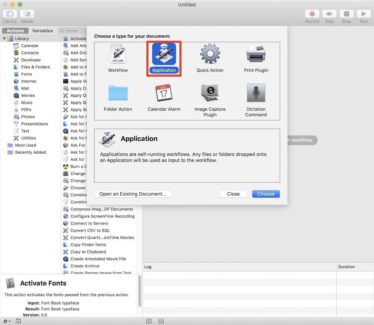 Select "Application" as the type of Automator document to be created, then click the Choose button.