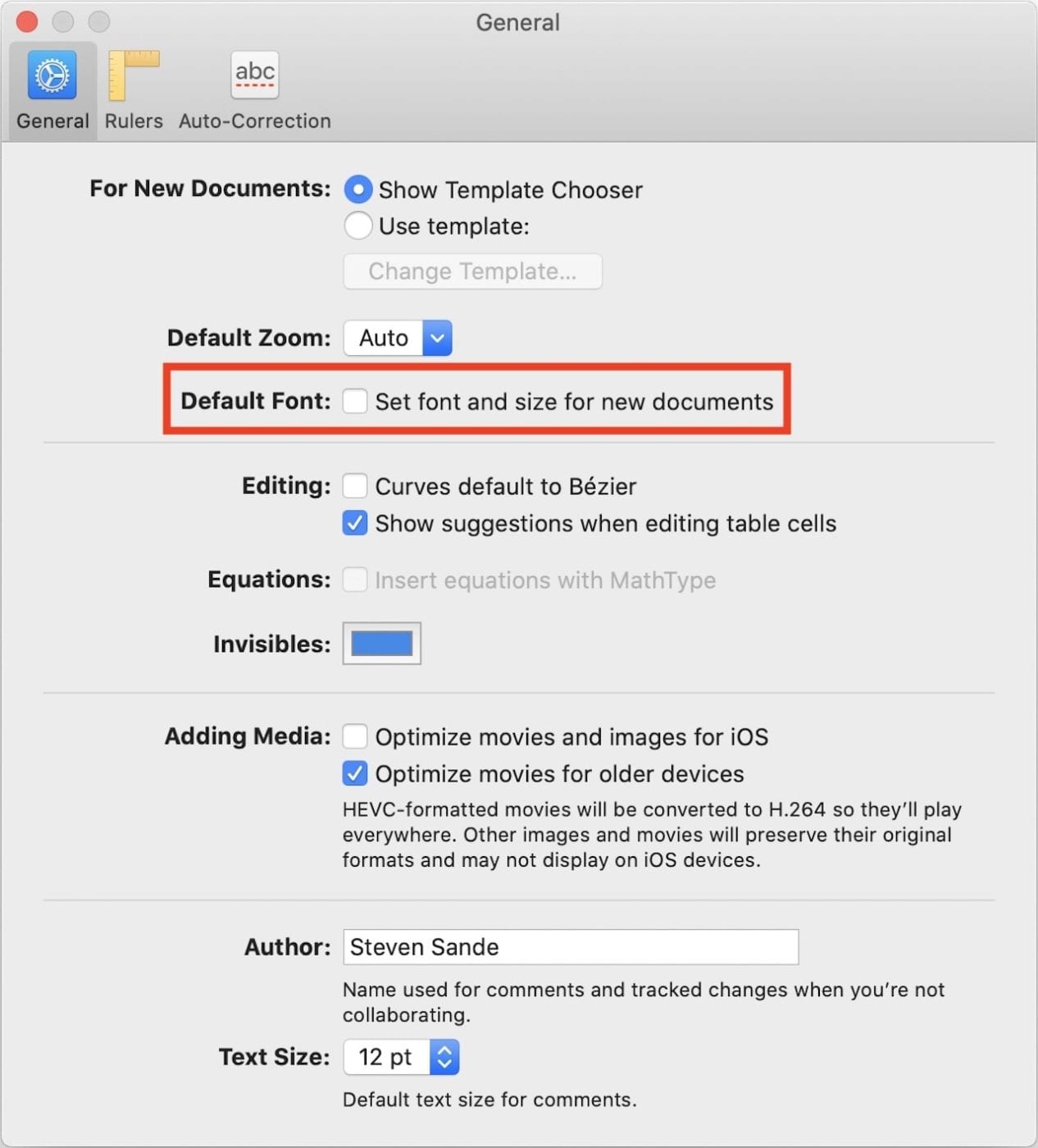 The setting for choosing a default font and size for new documents is highlighted in red.
