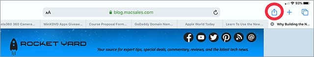 Screenshot of Safari on iPadOS 13 with share button circled in red