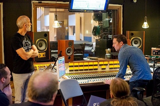 Photo of Lij Shaw and Anthony Gravino at the soundboard in Shirk Studio, Chicago, IL