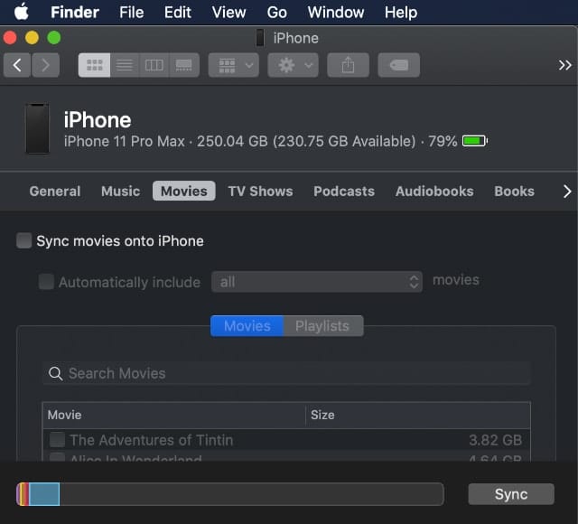 Screenshot of macOS Finder Sync Movies tab
