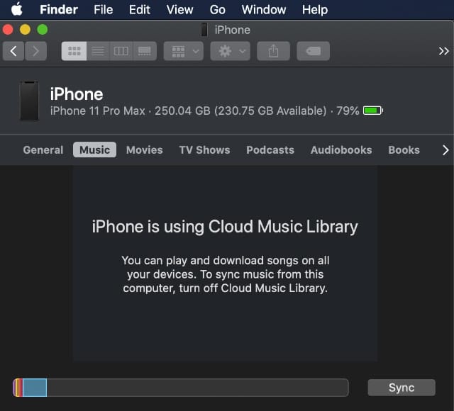 Screenshot of macOS Finder Sync Music tab