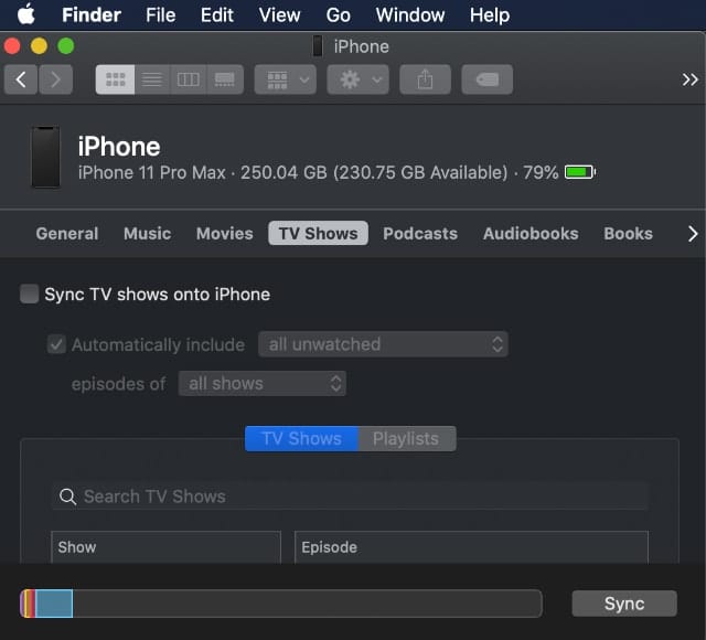 Screenshot of macOS Finder Sync TV tab