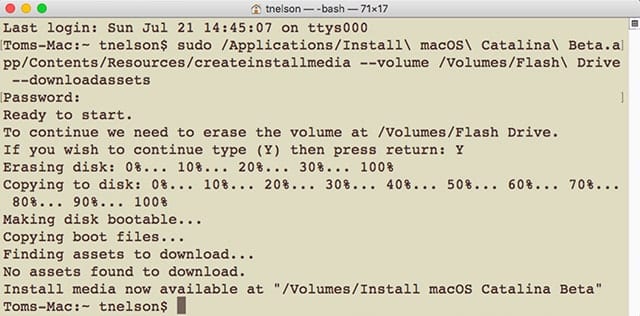 Terminal executing the createinstallmedia command.