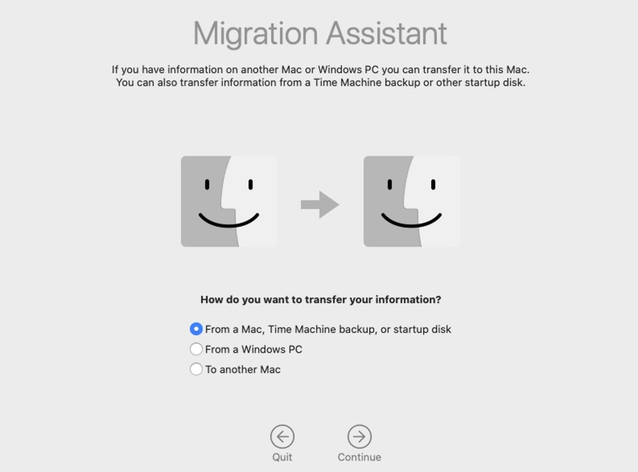 Migration Assistant allows you to choose the transfer method.