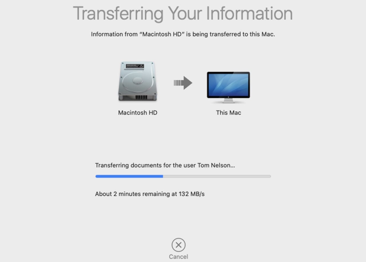 Migration Assistant transfer status.