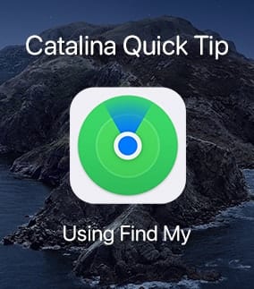 Find My app icon overlaying Catalina Dark Screensaver