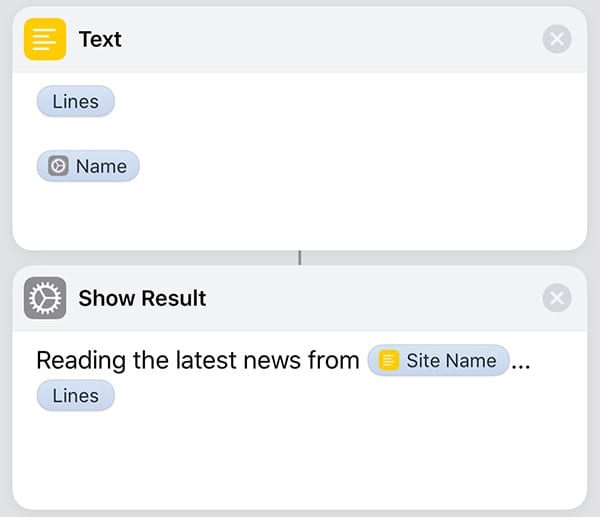 The shortcut actions required to display the headlines on the screen of the iOS device.