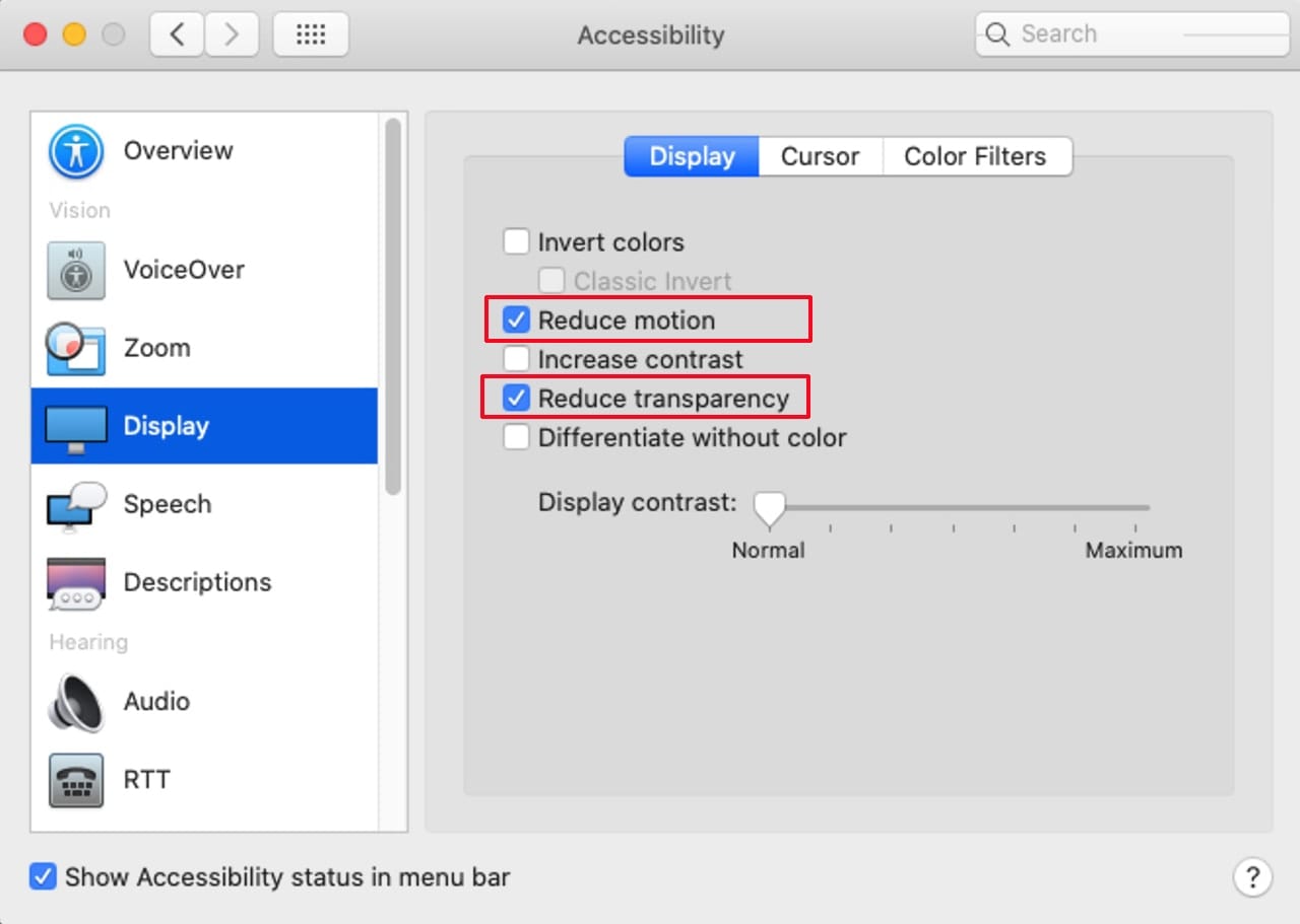 Accessibility preference pane showing the Display options.