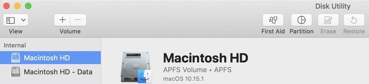 Disk Utility shows the two volumes -- System and Data -- that are created by macOS Catalina