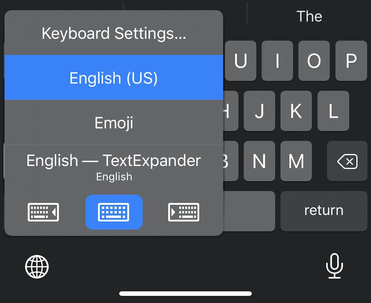 The popup menu for changing keyboards or accessing Keyboard Settings quickly