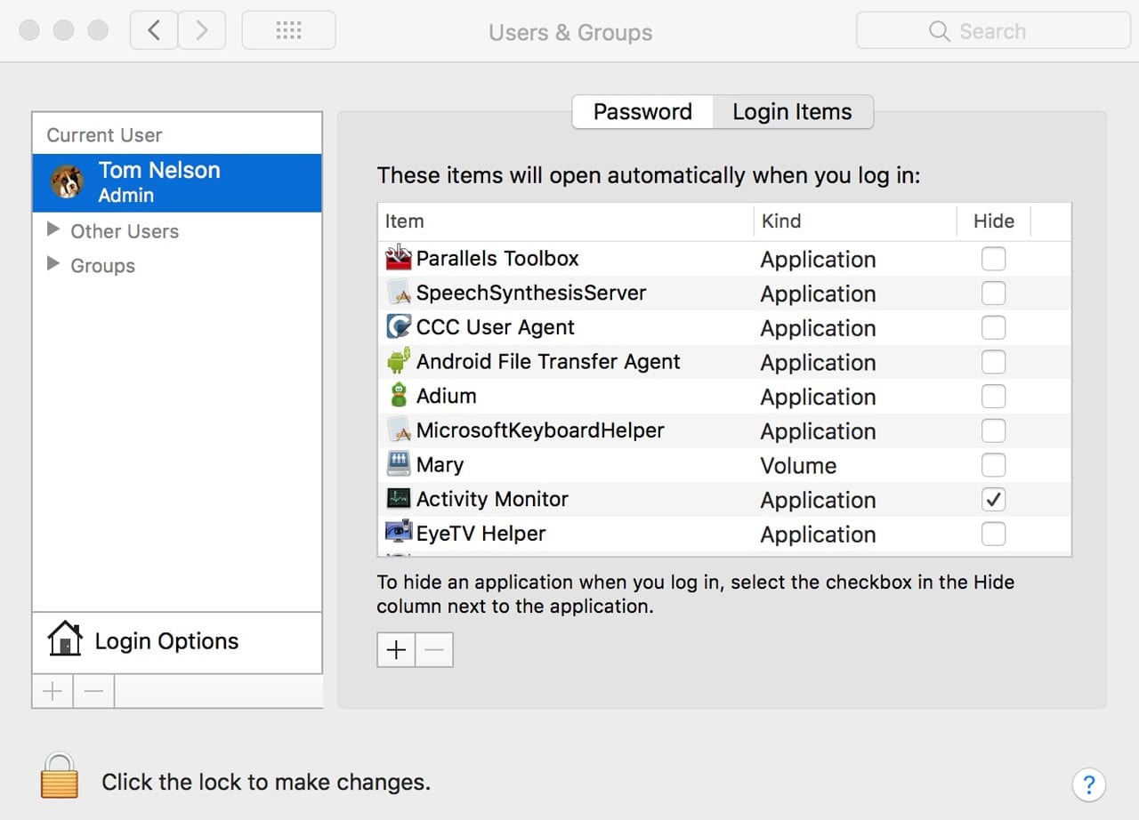 Users & Groups preference pane with Login Items tab selected.