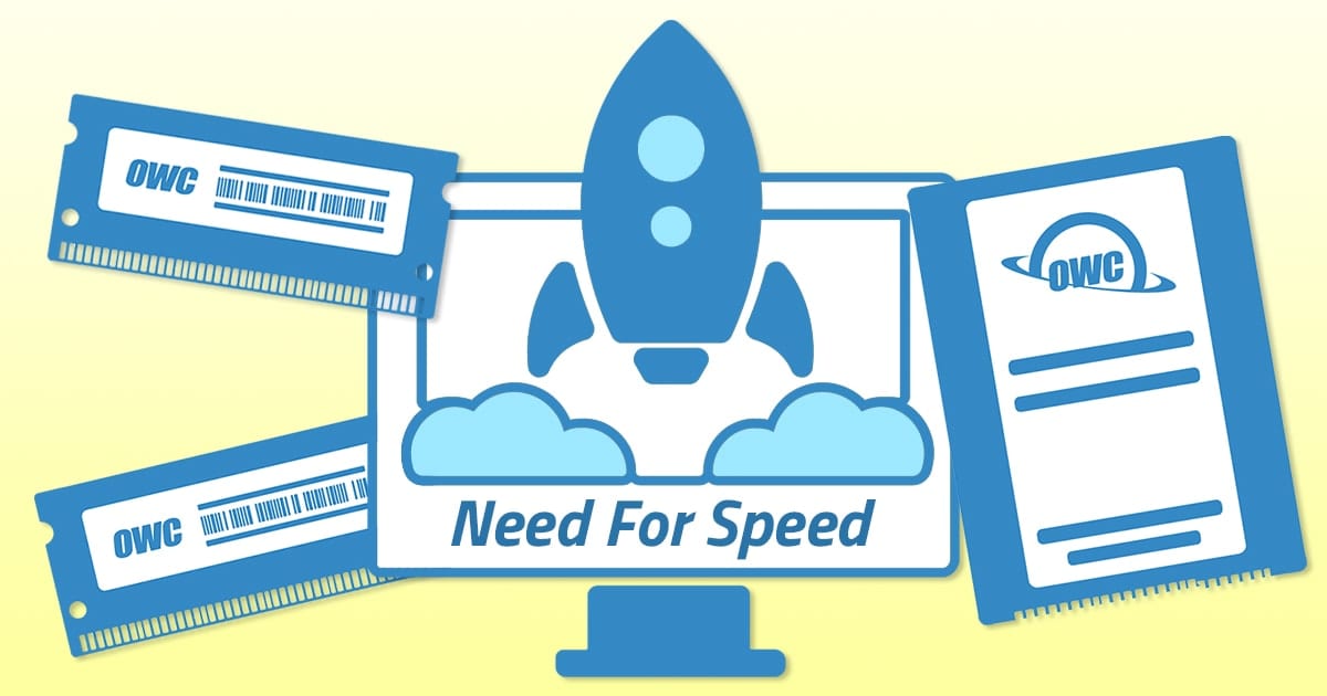 Icon of an iMac, a Rocket, OWC Mermory and OWC SSD on a yellow background
