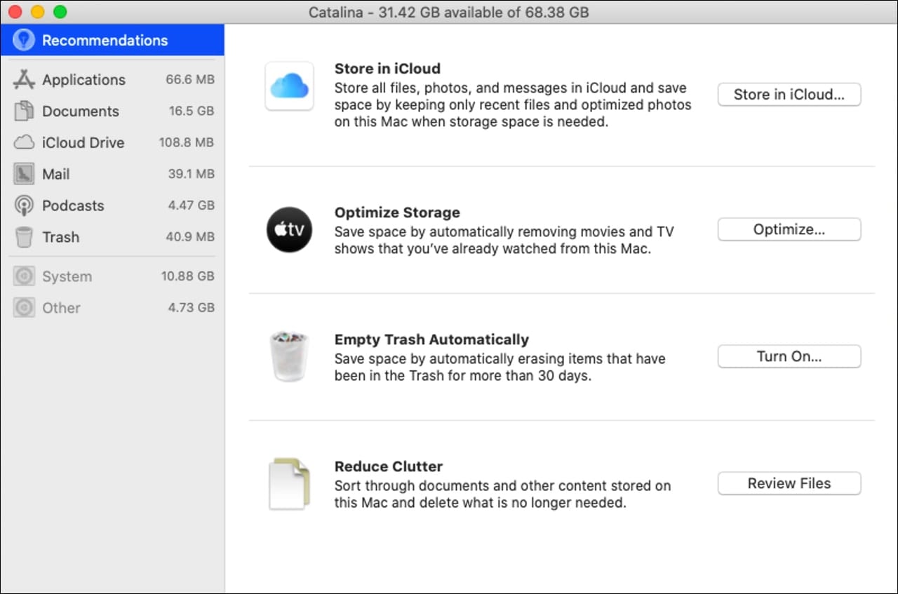 macOS Manage Storage options.