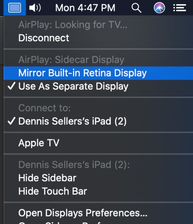 Sidecar menu, built in retina display