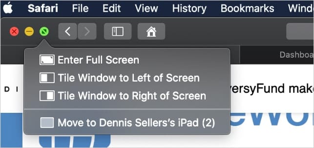 Safari dropdown menu showing how to tile sidecar display
