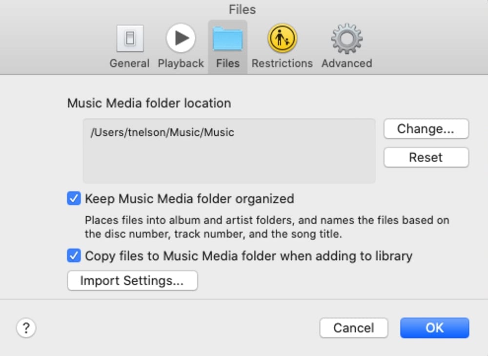 Music app preferences with File options displayed.