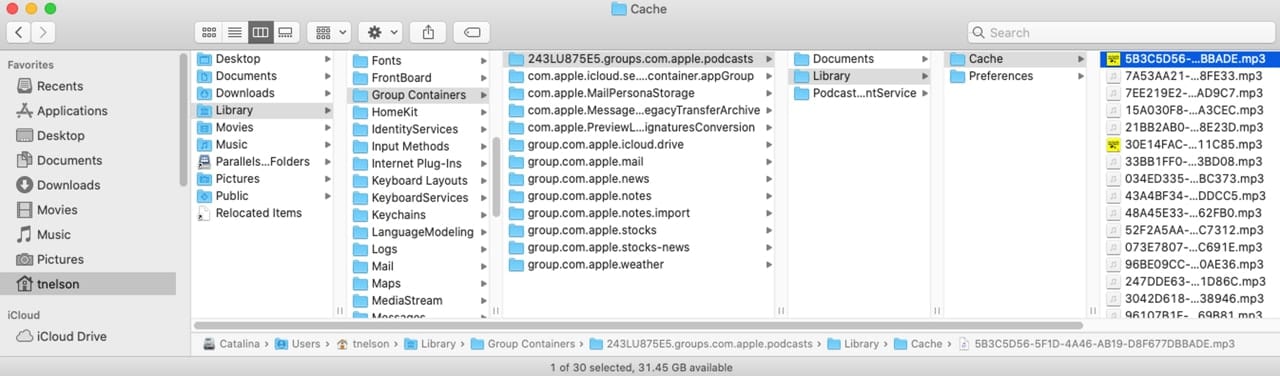 Finder window showing location of Podcasts apps cache folder.