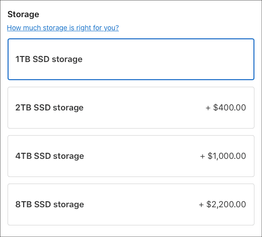Screenshot of "How much storage is right for you?" from Apple's MacBook Pro purchase page.