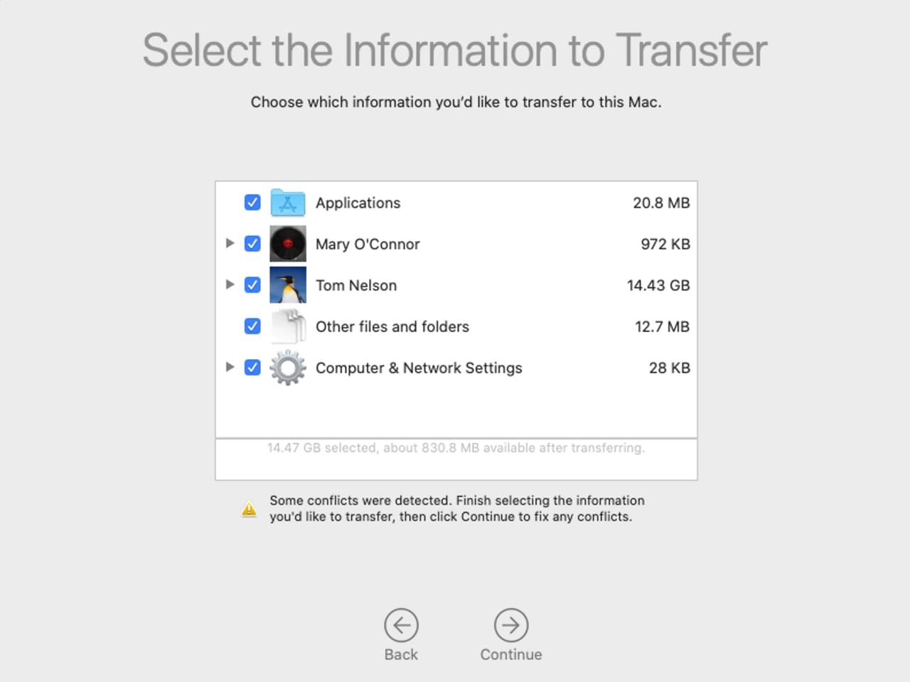 Select the type of information to transfer using Migration Assistant.