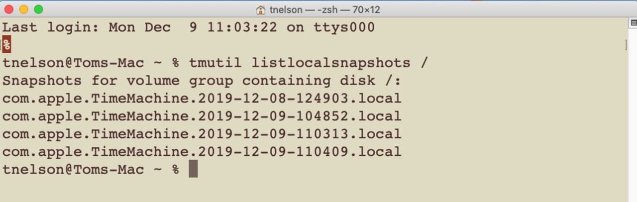 Terminal command to list all local snapshots.