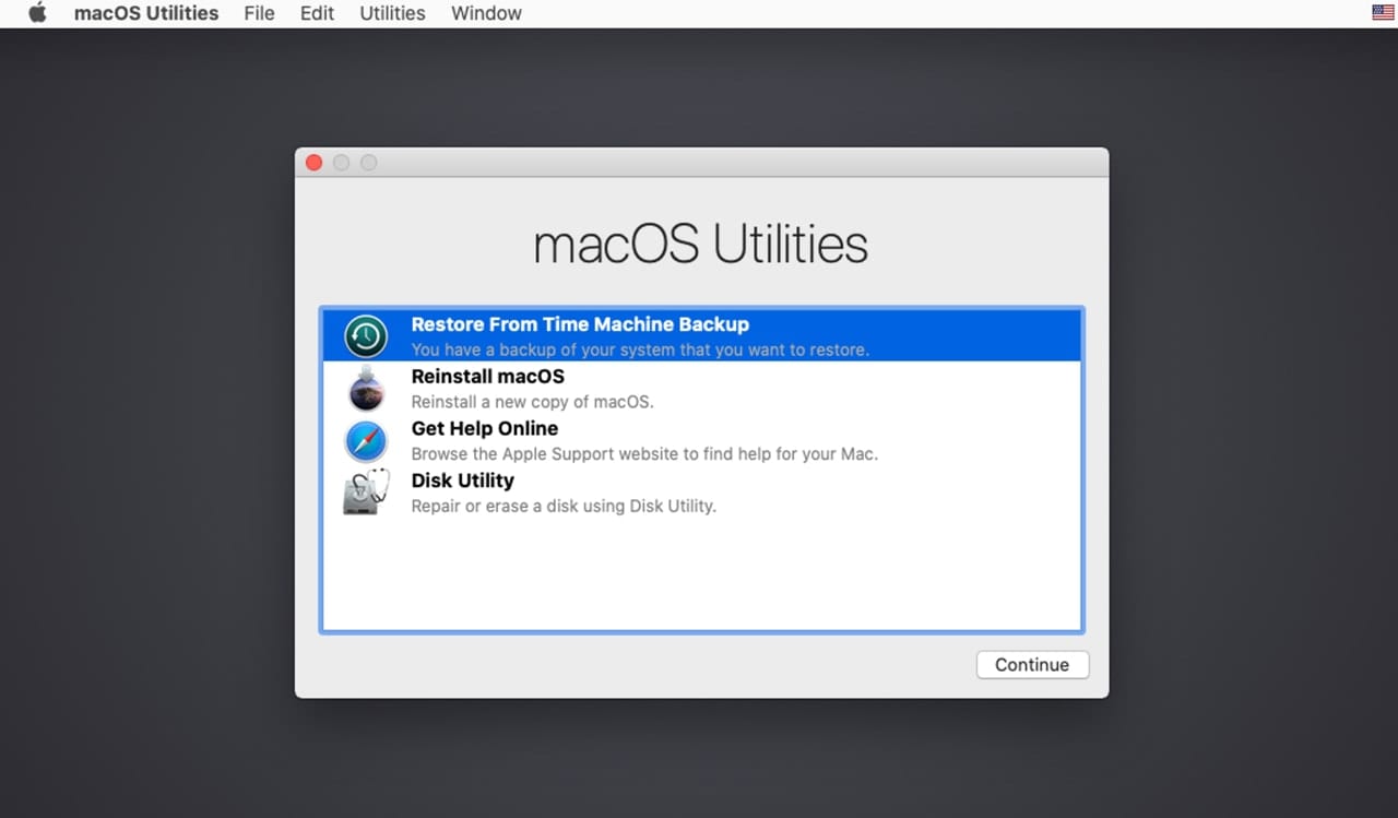 Recovery mode macOS Utilities window.