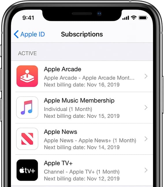 iPhone manage subscriptions screen