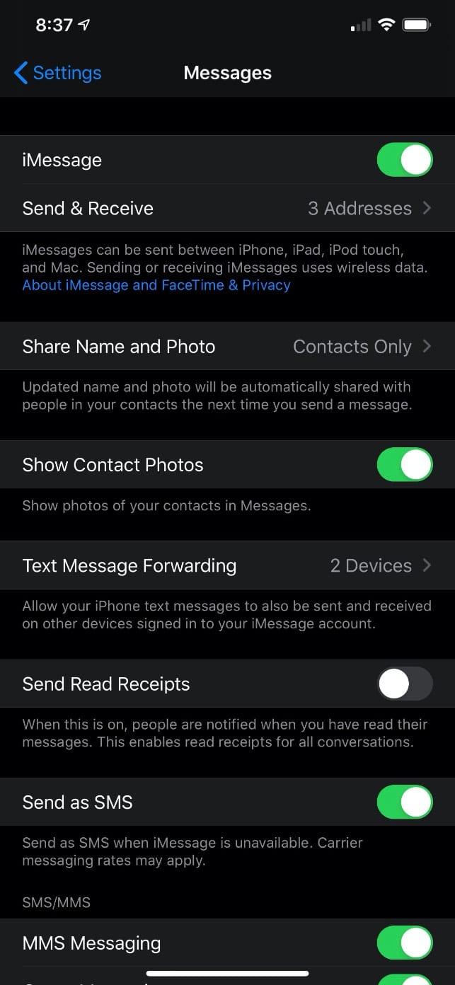 Screenshot of iOS Messages app settings