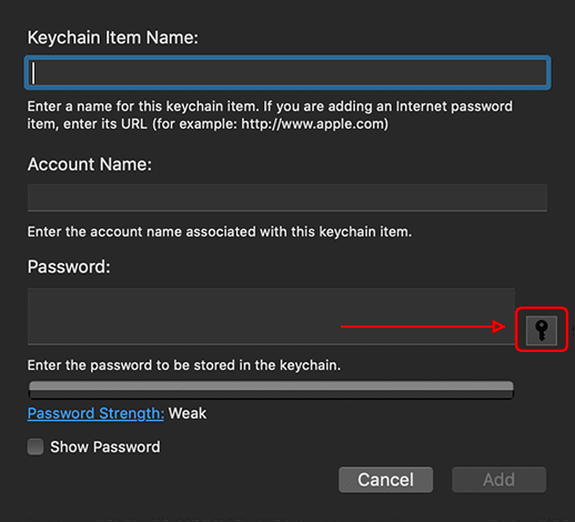 Keychain Access New keychain Item window ith key icon highlighted