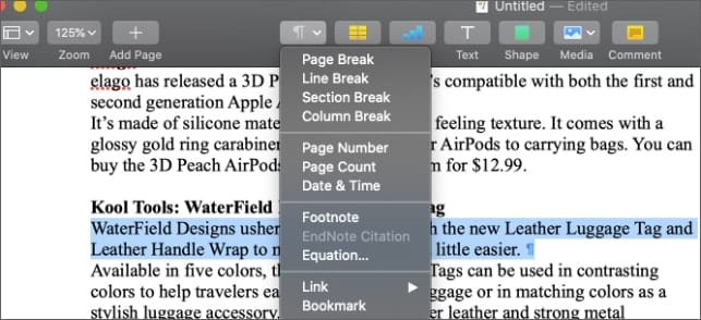 macOS Pages Insert dropdown menu