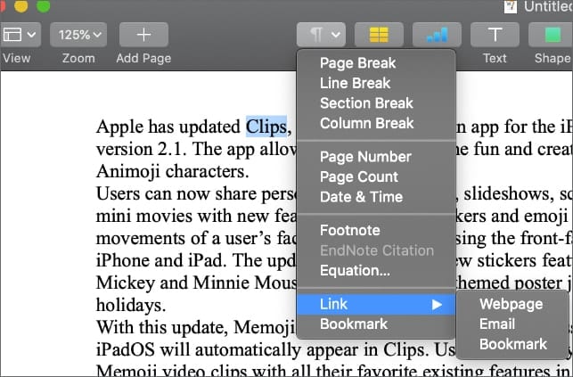 macOS Pages Insert > Link dropdown menu