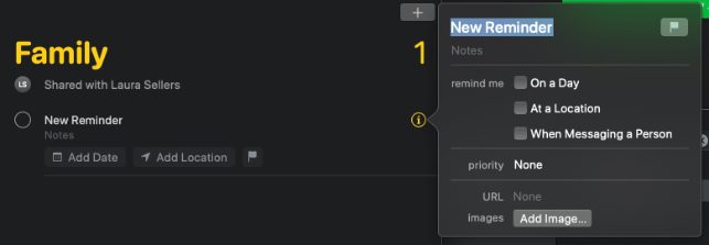 Screenshot of new reminder in macOS Catalina