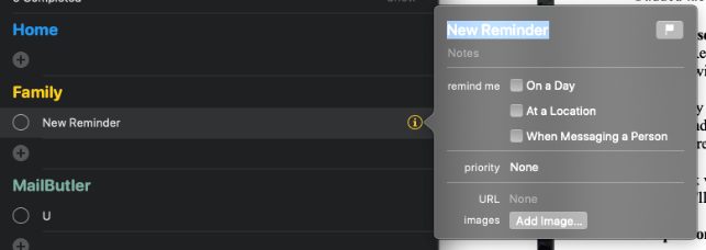 Screenshot of adding a new reminder in macOS Catalina