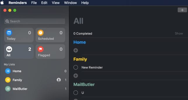 Screenshot of new reminder list in macOS Catalina
