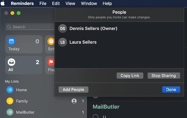Screenshot of new reminder adding people in macOS Catalina