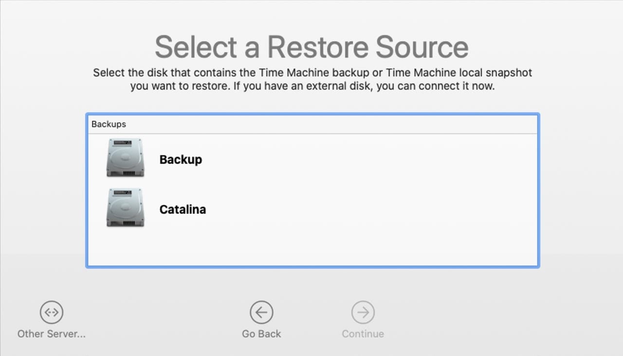 Selecting a source for Time Machine restore.