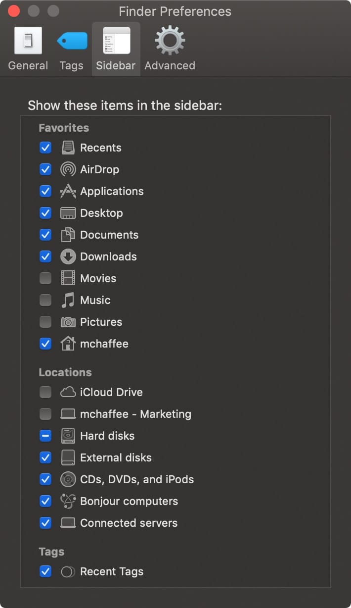 macOS Finder Preferences window with Sidebar tab selected